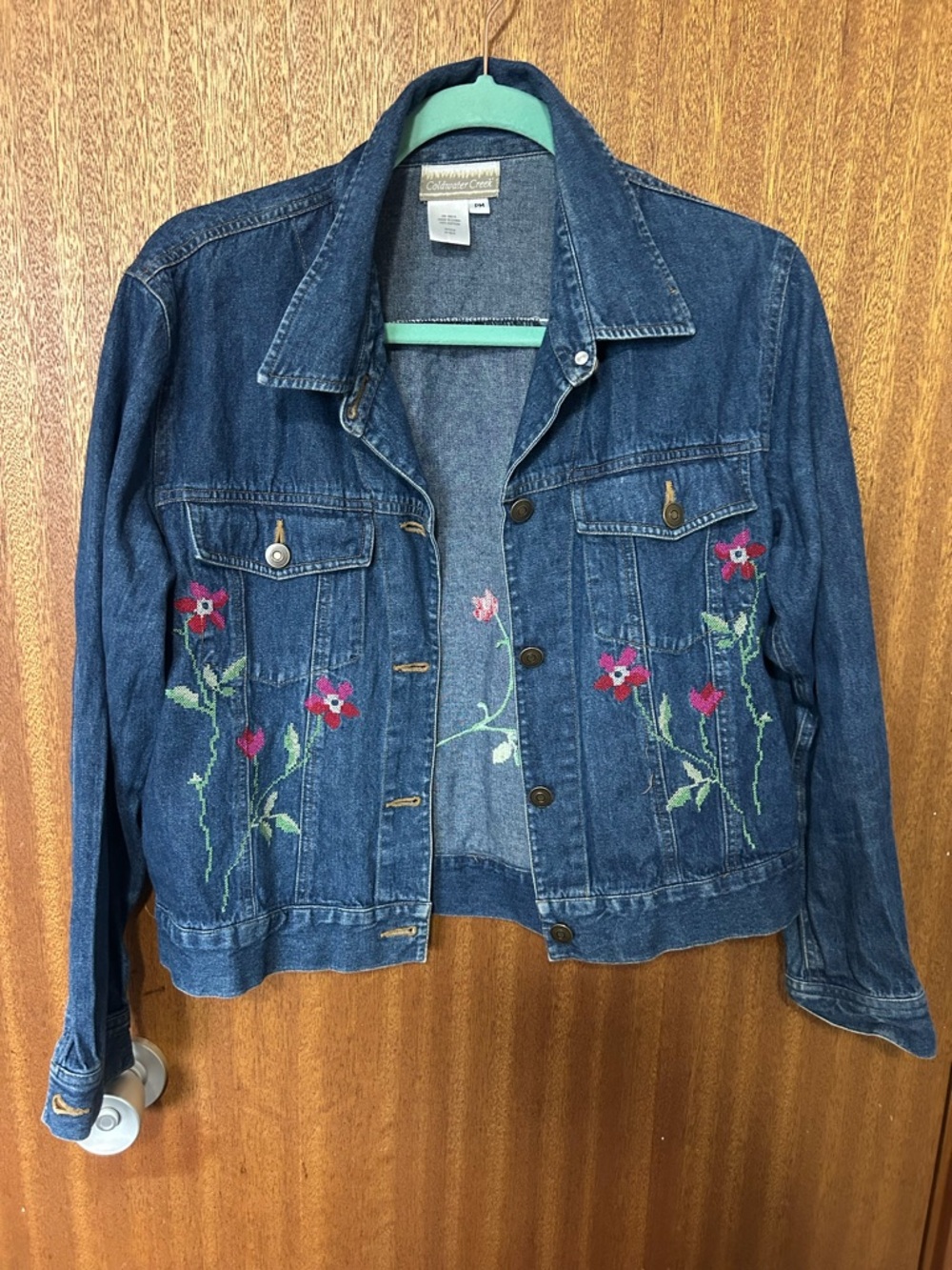 Coldwater Creek Dark Blue Denim Jacket with Pink Floral Embroidery